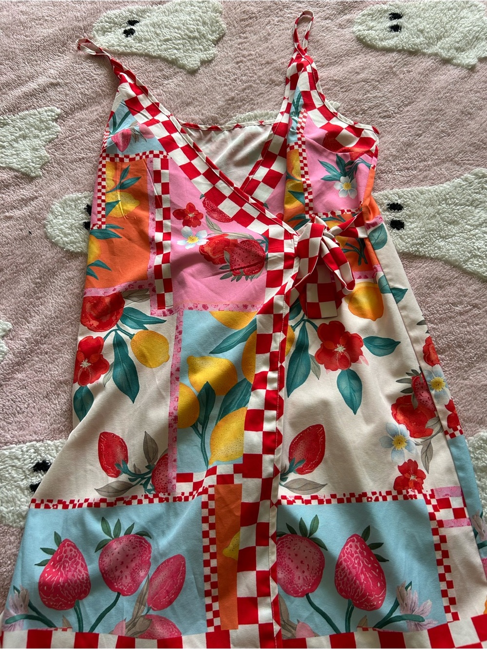 Women's Casual Fruit-Print Wrap Dress with Tie - Pink & Red